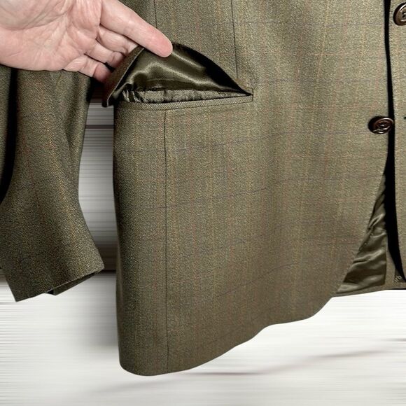 Vintage BARBOUR Wool Suit Jacket Sport Coat Blazer Olive Green Plaid size US 44L - Picture 6 of 16